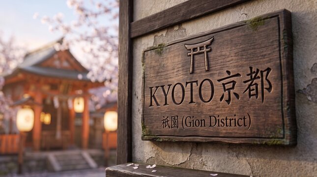 Kyoto Gion District Sign with Cherry Blossoms and Traditional Temple