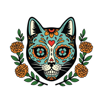 Day of the Dead Cat Skull Illustration with Marigold Flowers.