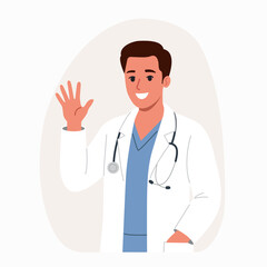 Fototapeta premium Smiling male doctor waving hand greeting patients isolated flat vector illustration