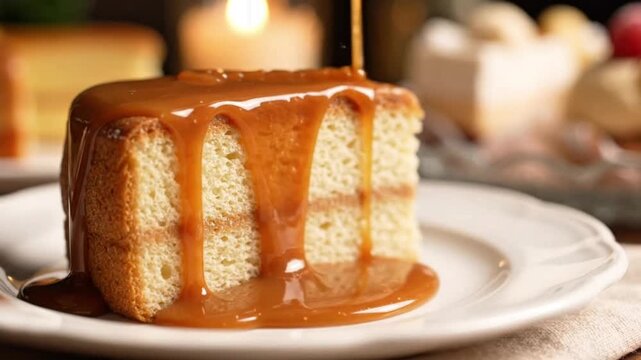 A delectable slice of layered vanilla cake generously covered with a rich, golden caramel sauce, presented on a white plate.