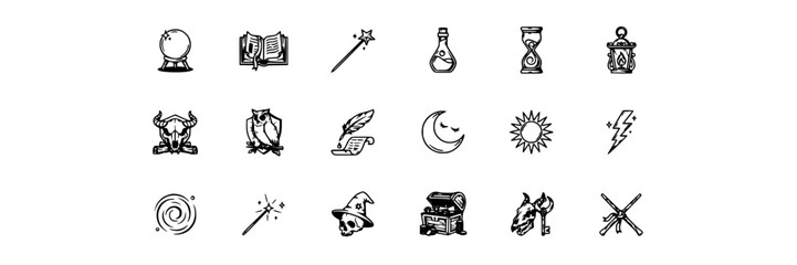 Fototapeta premium Fantasy Magic Icons Including Crystal Ball, Books, Wand, and Lightning Bolt Featuring Moon, Sun, Owl with Quill and Hourglass