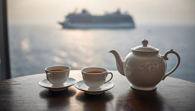 Elegant white porcelain teapot and two matching tea cups filled with warm amber beverage resting on a dark wooden table with a blurred cruise ship sailing on the ocean horizon