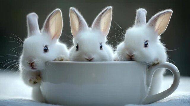 A heartwarming of three adorable bunnies snuggled together in a white mug.