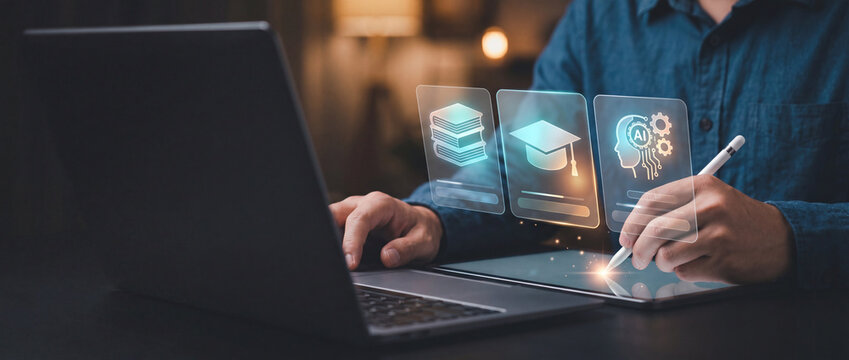 Digital learning and AI education concept with icons for books, graduation cap, and AI brain, used for online courses and future technology development for machine learning, digital innovation