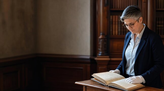 Docent in historic library with copy space