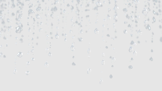 Water droplets falling on a transparent background creating a simple design element for various uses