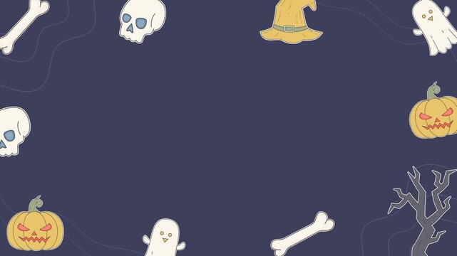 Seamless looping background animation of swinging Halloween elements like a jack o lantern, skull, ghost, witch hat, and bare tree with center text copy space on dark navy blue solid color
