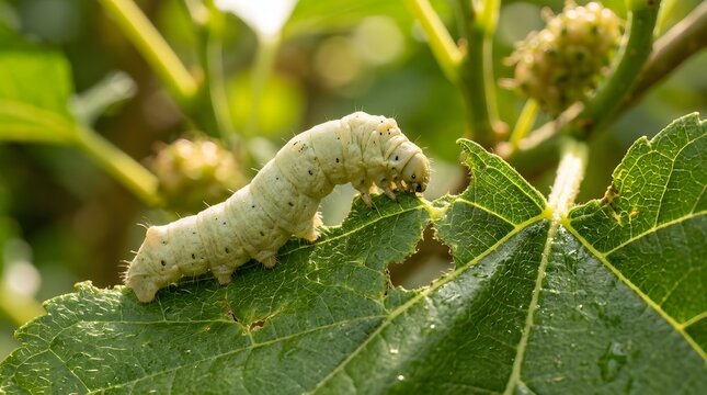 Close up of a pale green silkworm caterpillar feeding on a fresh mulberry leaf outdoors