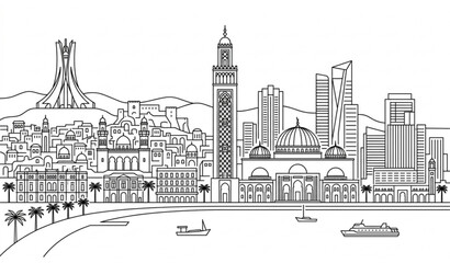 Obraz premium Algiers City Skyline Line Art Vector Illustration with Modern Landmark Outline