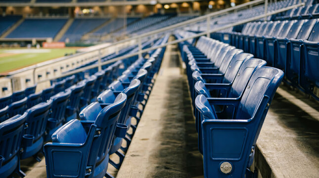 Microscopic textures of weathered blue polypropylene chair surfaces reflecting artificial light across repeating geometric rows in an empty arena.
