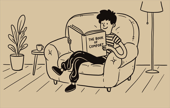 Conceptual doodle of a happy reader enjoying a book of comfort at home representing relaxation emotional balance and cozy lifestyle