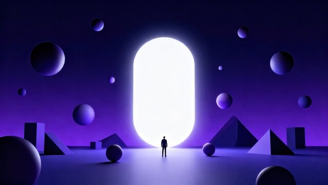 Silhouette of person in front of glowing portal