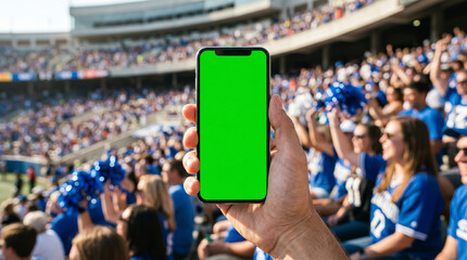 Obraz premium Capturing the intense energy of a crowded sports arena while holding a glowing green screen smartphone for digital content integration and mockup.