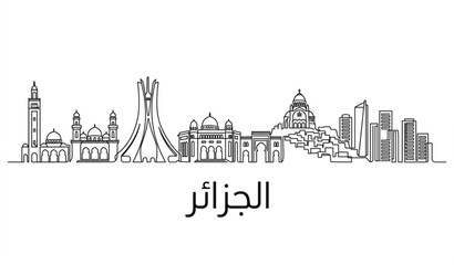 Fototapeta premium Minimal Algeria Skyline Continuous Line Vector with Arabic Country Name
