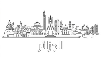 Obraz premium Modern Algeria City Skyline Outline Vector with Arabic الجزائر Text