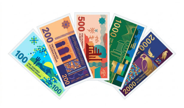 Modern Geometric Algerian Dinar Banknotes Vector Collection in Pixel Block Style