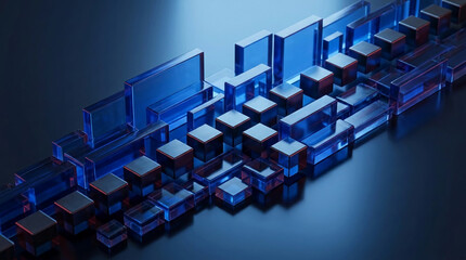 Obraz premium Arrangement of translucent blue geometric shapes and dark cubes, symbolizing data, analysis, or technological advancement