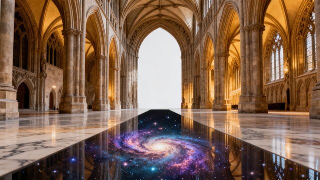Cathedral interior with galaxy floor