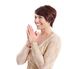 Applause, celebration and happy woman with good news in studio for winning on a white background....