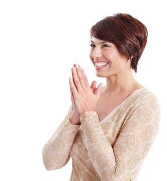 Applause, celebration and happy woman with good news in studio for winning on a white background. Excited, female person or clapping with positive smile for surprise, success or victory on space