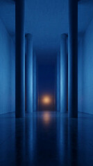 Fototapeta premium Long blue corridor with concrete walls and large pillars, illuminated by a warm light in the distance, suggesting mystery and destination