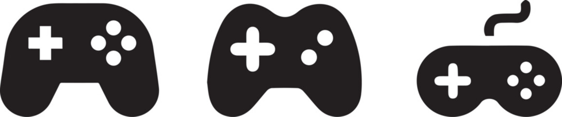 Minimalist video game controller icons, black gamepad vector set with 3 elements, modern gaming console joystick symbols for UI design © Sania