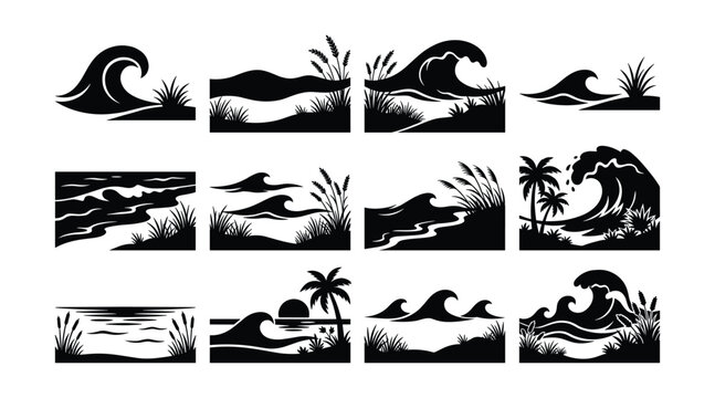 Ocean Wave and Coast Silhouettes, Flat Vector Sea Surf Ripple Icon Set and Black Silhouette Outlines Isolated on White Background
