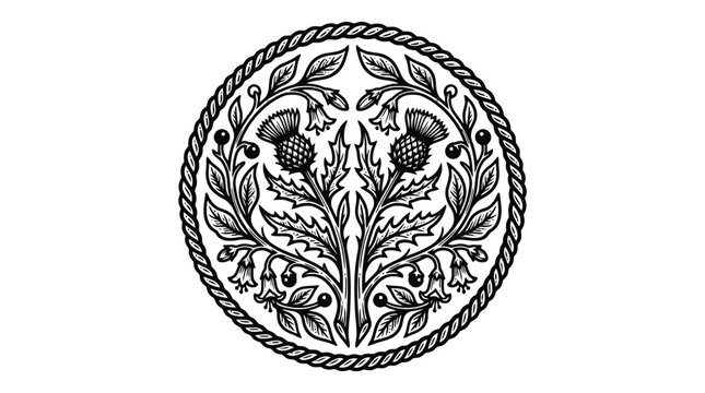 Ornamental floral emblem with birds laurel circle engraved vector.