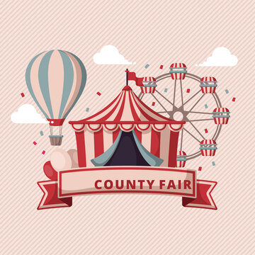 Vintage county fair banner with amusement park circus tent and hot air balloon
