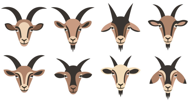 Goat Heads Collection Vector Illustration With Varied Coloration And Horn Shapes
