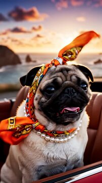 Pug Dog Wearing Silk Headscarf and Pearl Necklace Sitting in Red Convertible at Sunset