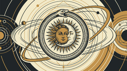 Fototapeta premium Sun face celestial emblem vector illustration with orbit rings and space background.