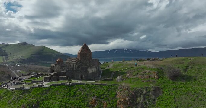 Aerial view of Sevanavank monastery on the peninsula with Lake Sevan in the background, Armenia