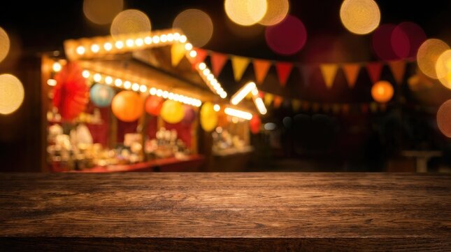 Festive market stall with bokeh lights and wooden table for national hispanic heritage month