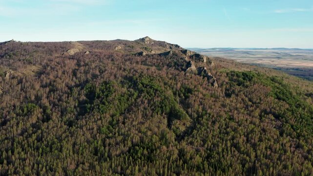 Urals in spring: Irendyk ridge, Ulu-Sykty mountain. Aerial view.