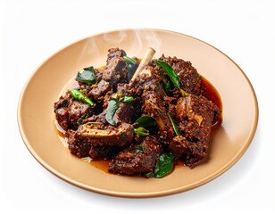 Fototapeta premium Kerala Mutton Nadan Roast Fry With Curry Leaves On Sandalwood Plate Isolated On White Background
