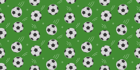 Naklejka premium Seamless vector pattern with soccer balls on green background. Football sports fabric print, wrapping paper, or website backdrop. Repeatable realistic classic texture with balls for athletic design.