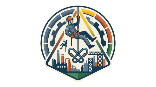Colorful badge depicting industrial worker and factory gear.