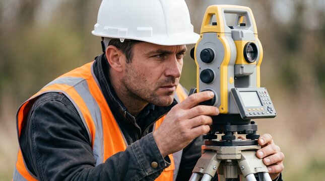 Professional Land Surveyor Operating Total Station Instrument for Construction Site Measurement and Infrastructure Development