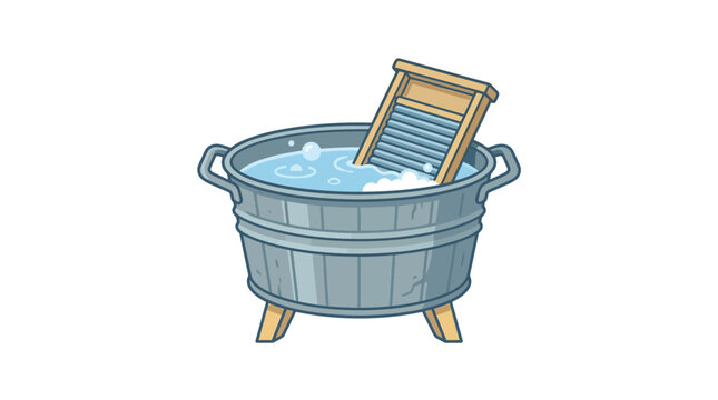 Vintage washboard and tub with soapy water, illustration of old-fashioned laundry concept