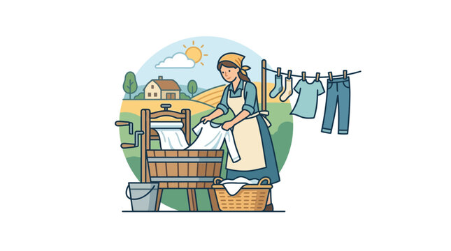 Woman doing laundry in rural setting with vintage washboard and clothesline