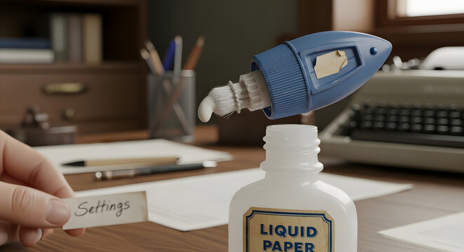 Close-up of a liquid paper correction pen on a cluttered desk with office supplies