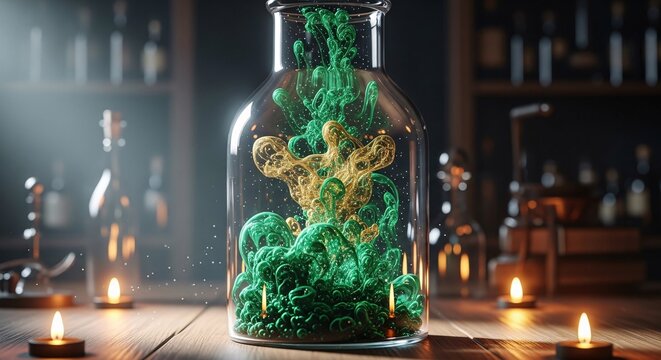Green and gold substance in glass jar on wooden table with candles.