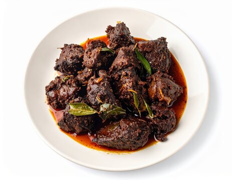 Kottayam Mutton Ularthu Meat Fry On White Plate Isolated On White Background