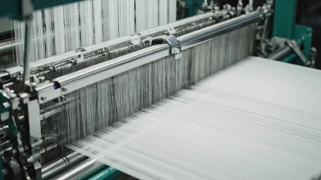 Industrial weaving machine processes white cotton threads in a professional textile factory.