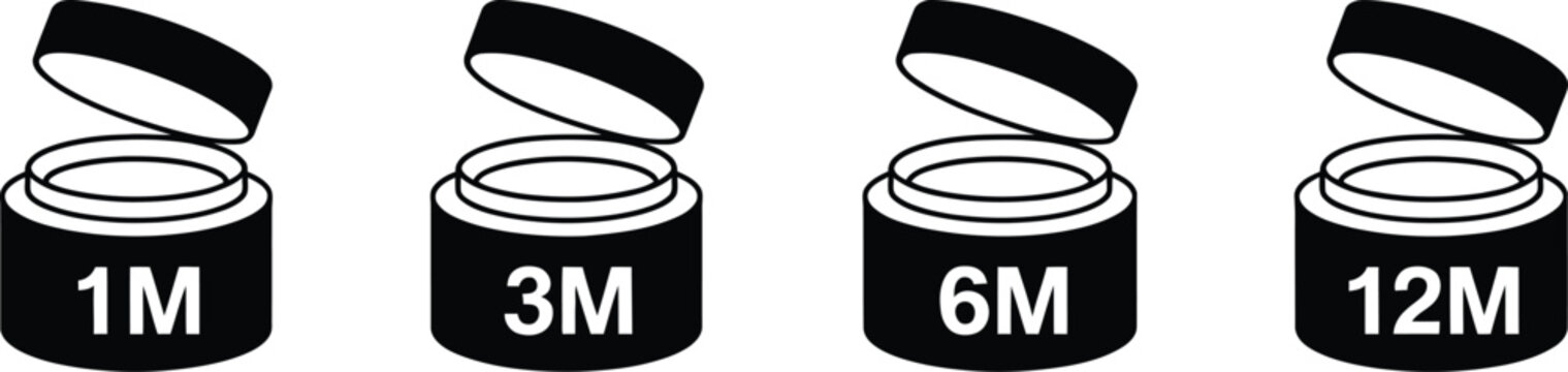 PAO cosmetic jar symbols, open container icons, skincare packaging, beauty product expiration, cosmetic labels, shelf life and packaging graphics worldwide