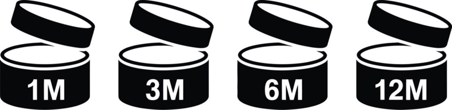Open cosmetic jar icons, PAO symbols, beauty packaging, skincare expiration, cosmetic containers, 1M 3M 6M 12M labels and product marking