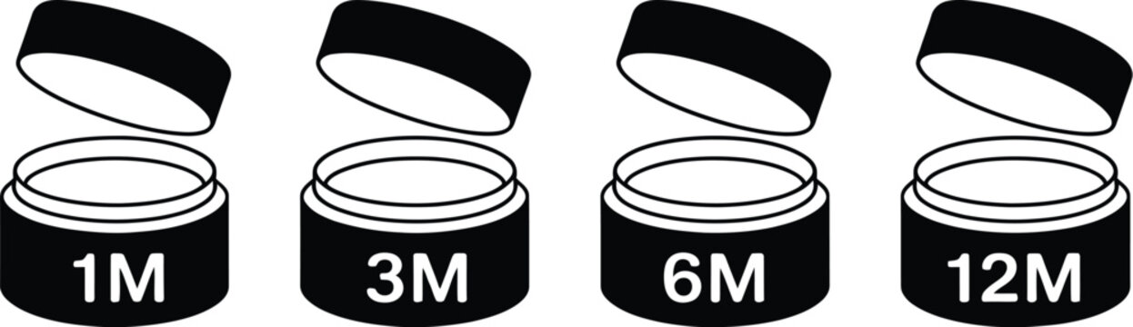 Cosmetic jar icons, PAO expiration symbols, beauty packaging labels, skincare containers, product shelf life, cosmetic marking and compliance graphics globally