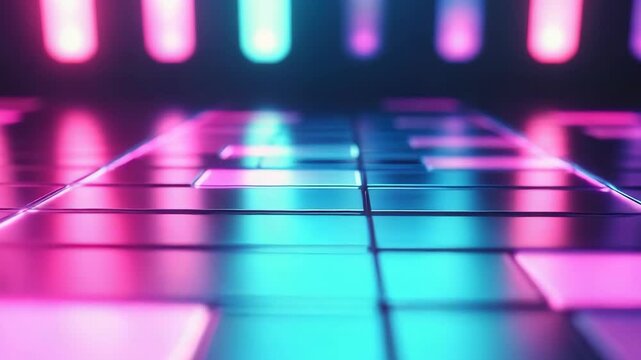 Bright lights in blue and pink flash over a smooth surface, creating patterns. The atmosphere feels energetic as colors change rapidly throughout the night