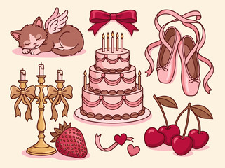 Cute Coquette Aesthetic Illustration Set with Pink Cake, Ballet Shoes, and Angel Cat © Dreamine